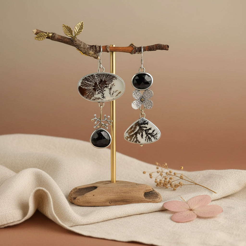 Nature-Inspired Asymmetrical Black Crystal Earrings in Zinc Alloy