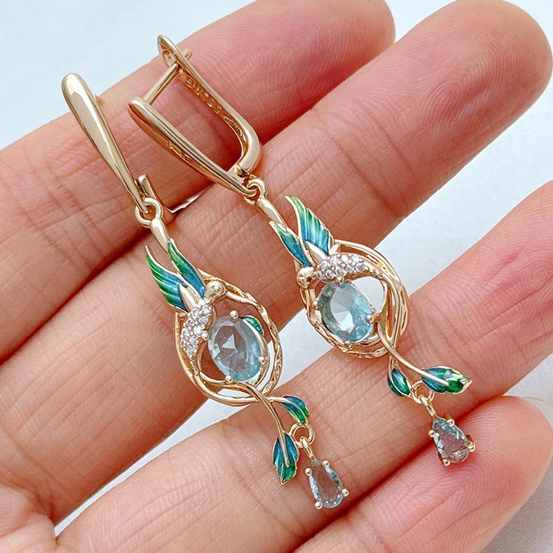 14K Rose Gold Plated Peacock Drop Earrings with Natural Blue Zircon