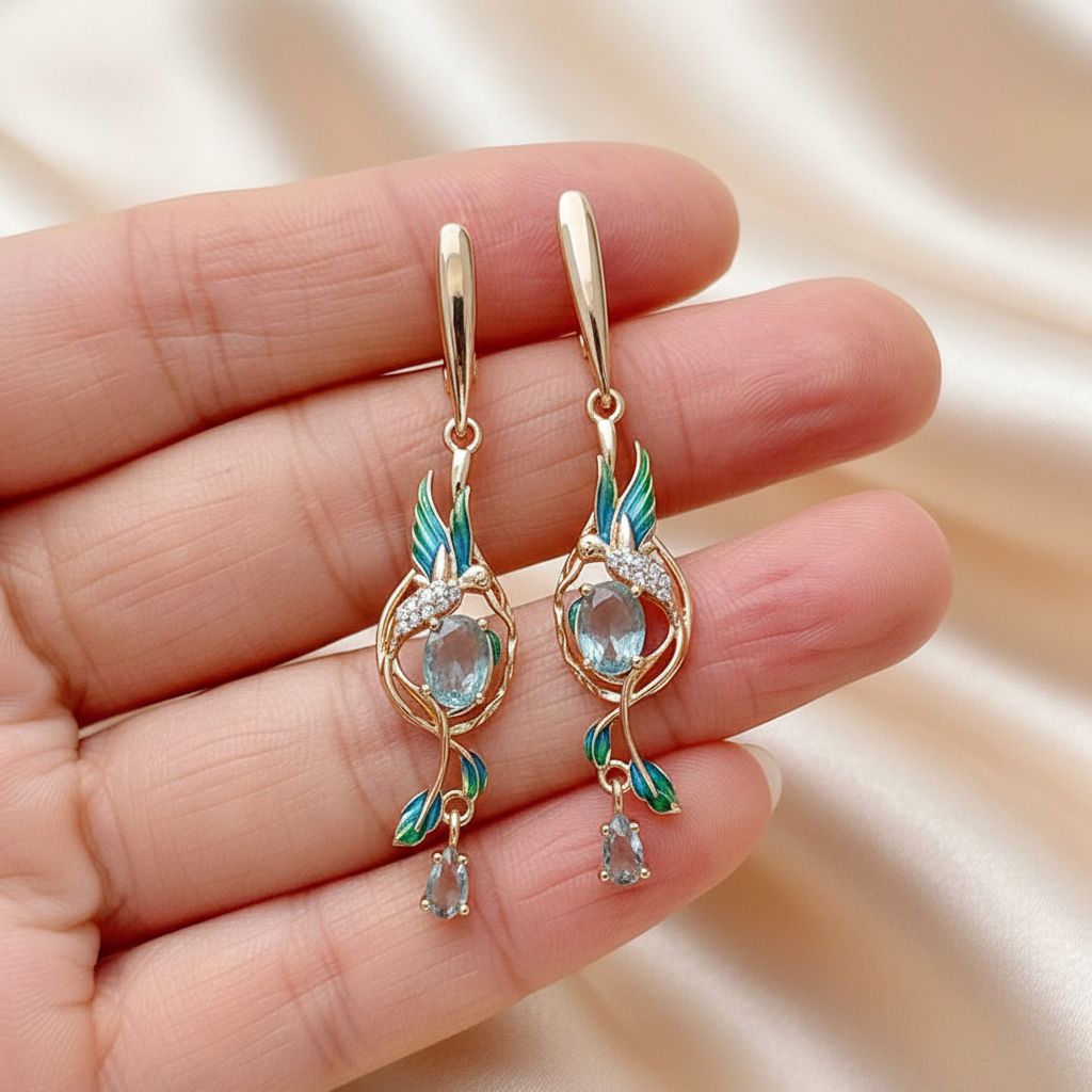 14K Rose Gold Plated Peacock Drop Earrings with Natural Blue Zircon