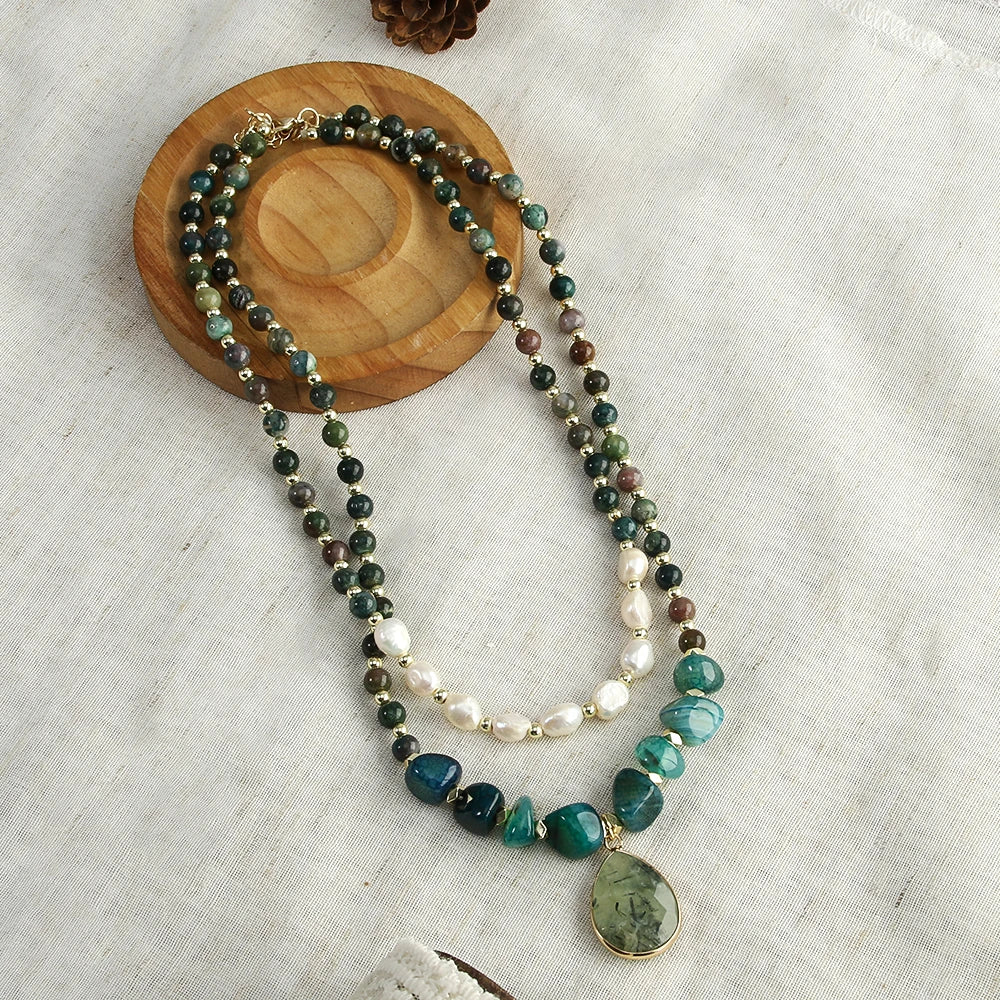 Boho Tiger Eye, Indian Agate & Pearl Layered Necklace