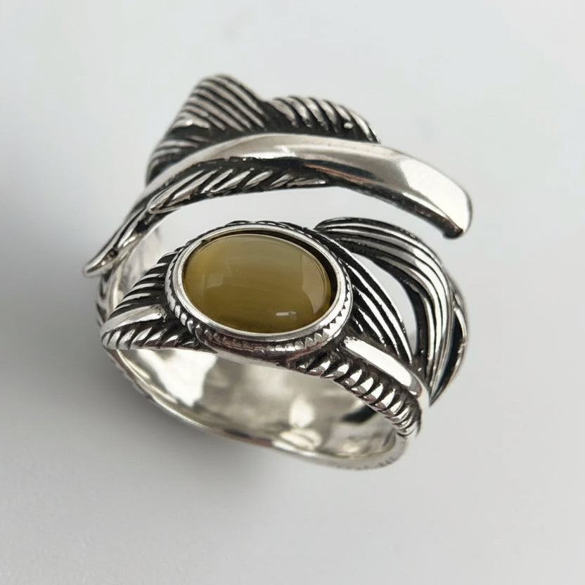 925 Sterling Silver Citrine Feather Adjustable Ring