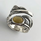 925 Sterling Silver Citrine Feather Adjustable Ring