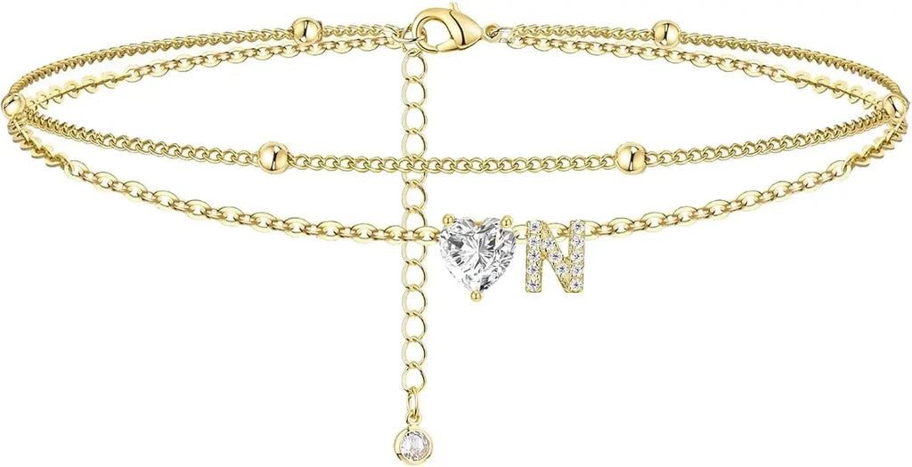 Initial 14K Gold-Plated Stainless-Steel Cubic Zirconia Heart Anklet