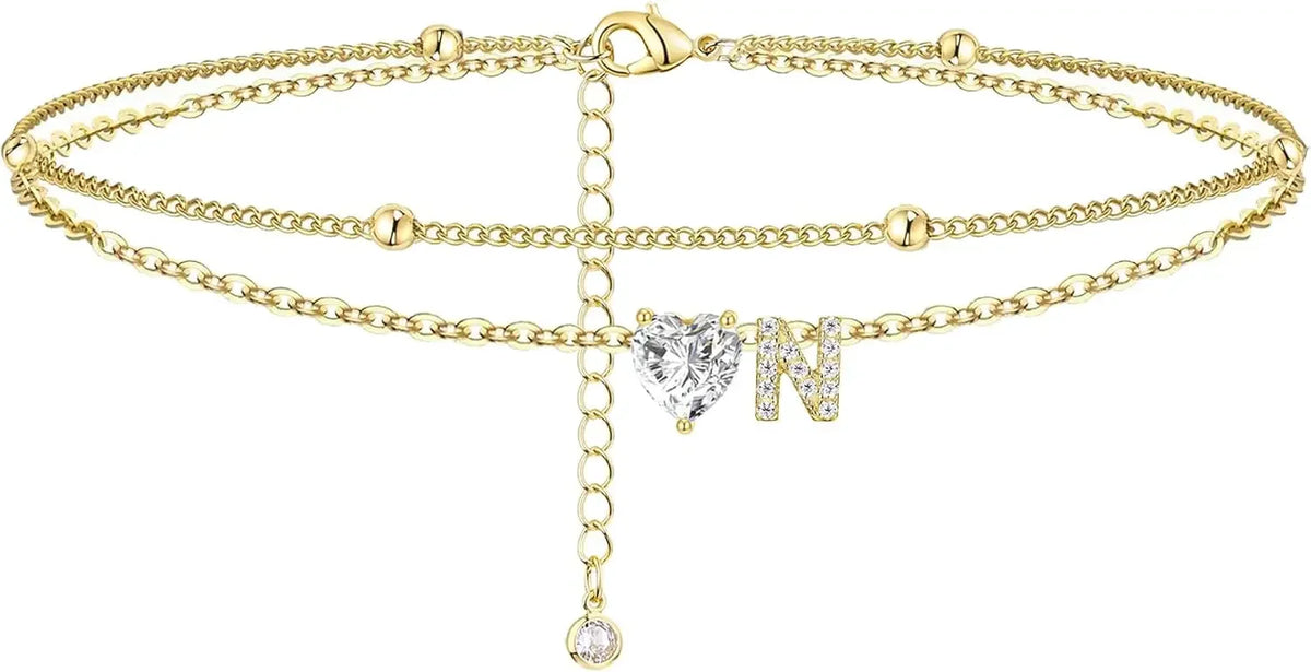 Initial 14K Gold-Plated Stainless-Steel Cubic Zirconia Heart Anklet