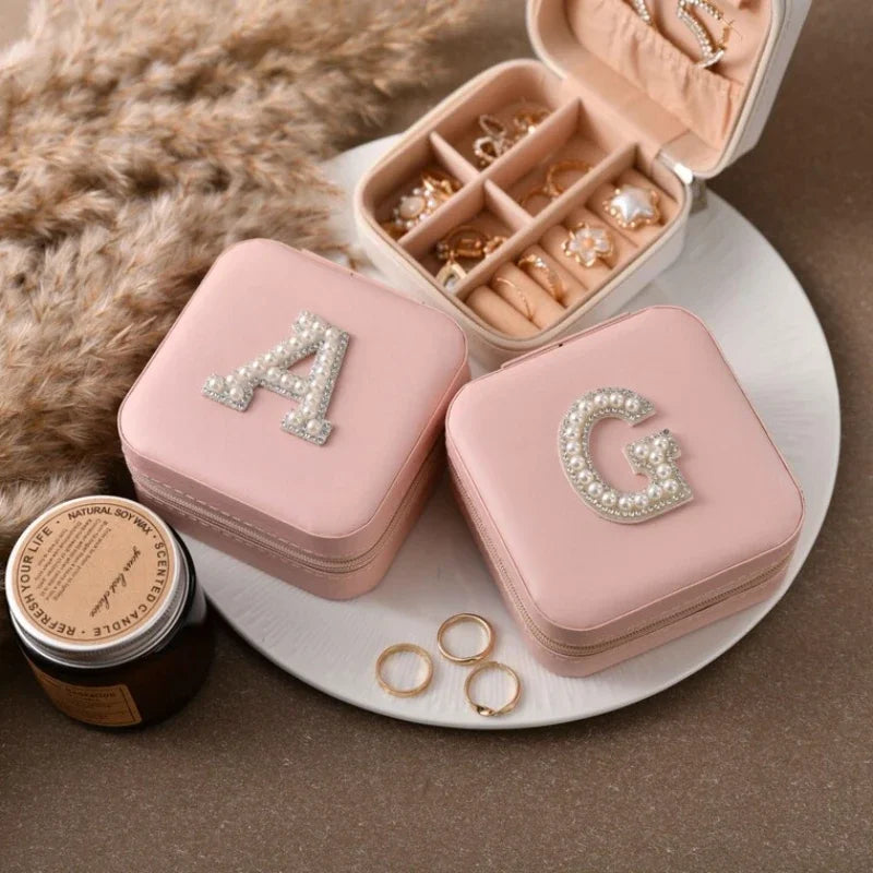 Personalized Leather Jewelry Travel Box with Pearl Initial