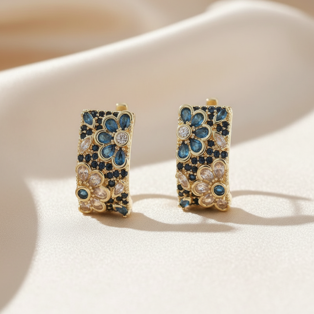 Retro Blue Zircon Flower Hoop Alloy Earrings