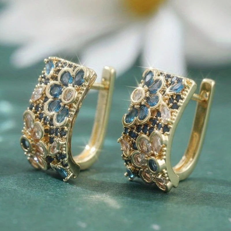 Retro Blue Zircon Flower Hoop Alloy Earrings