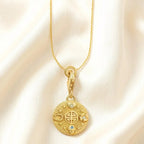Lucky Coin Charm Necklace in Gold Tone 925 Sterling Silver with Zircons