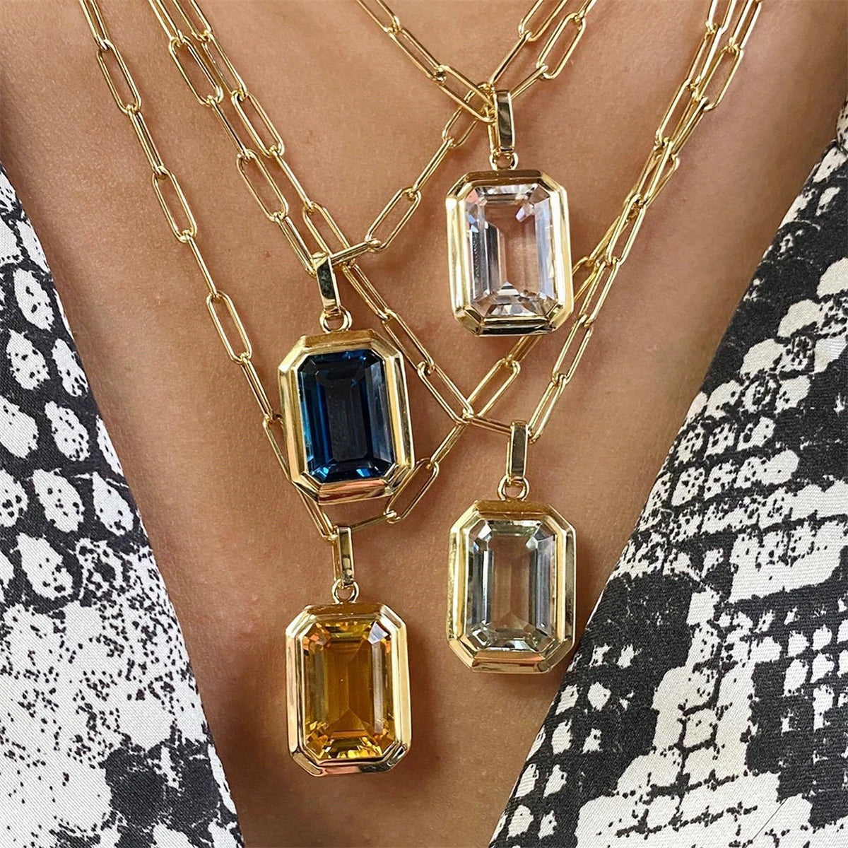 Paper Clip Chain Necklace with Square Rock Zircon Pendant