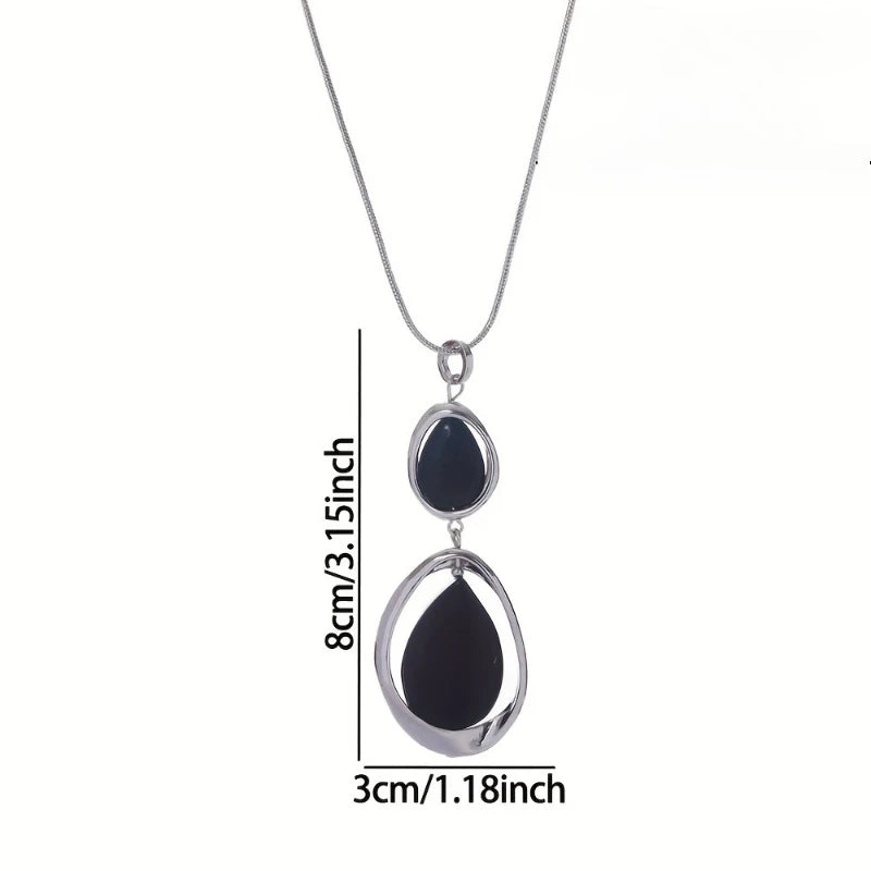 Long Black Onyx Pendant Necklace with Snake Chain