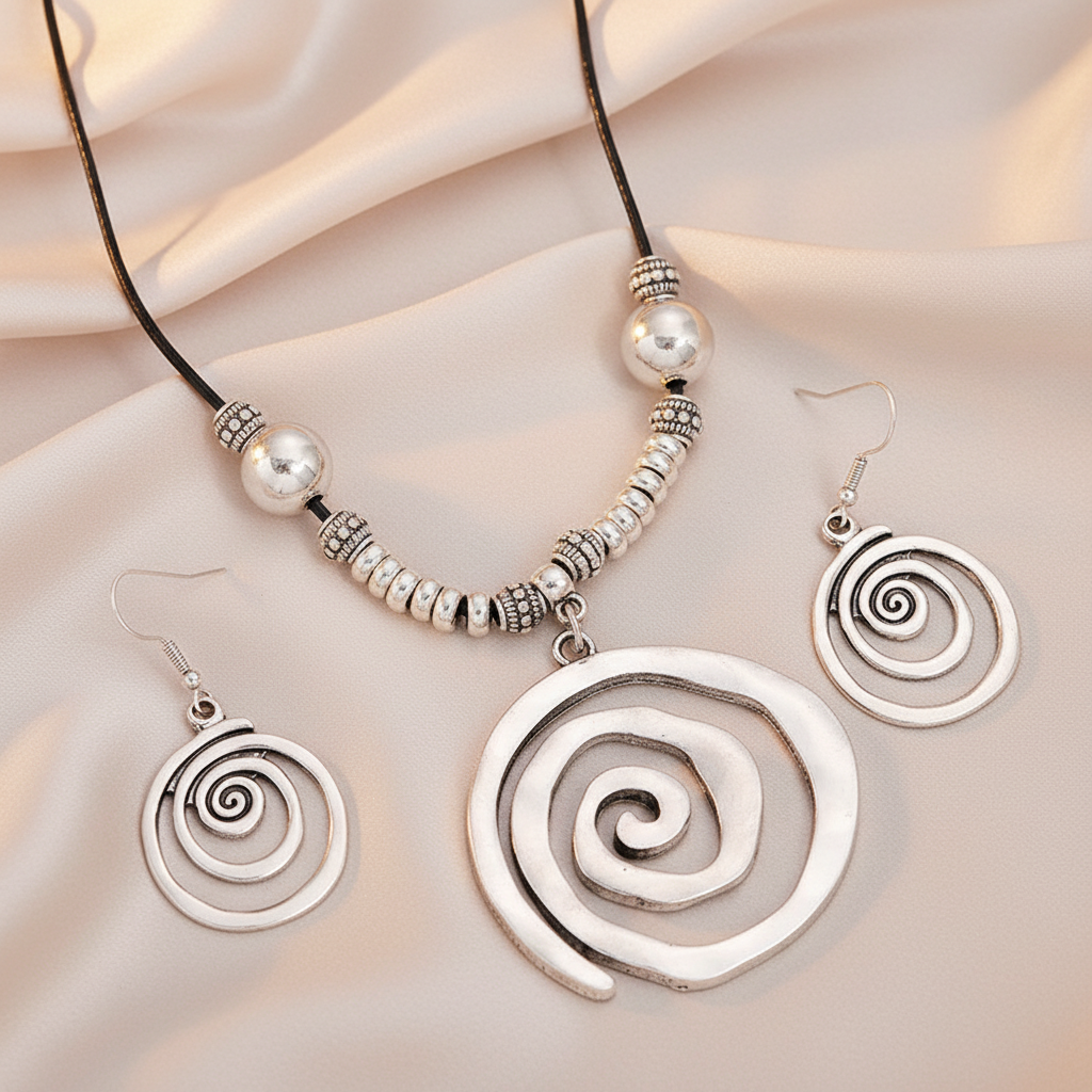 Bold Bohemian Style Alloy Spiral Pendant Necklace & Earrings