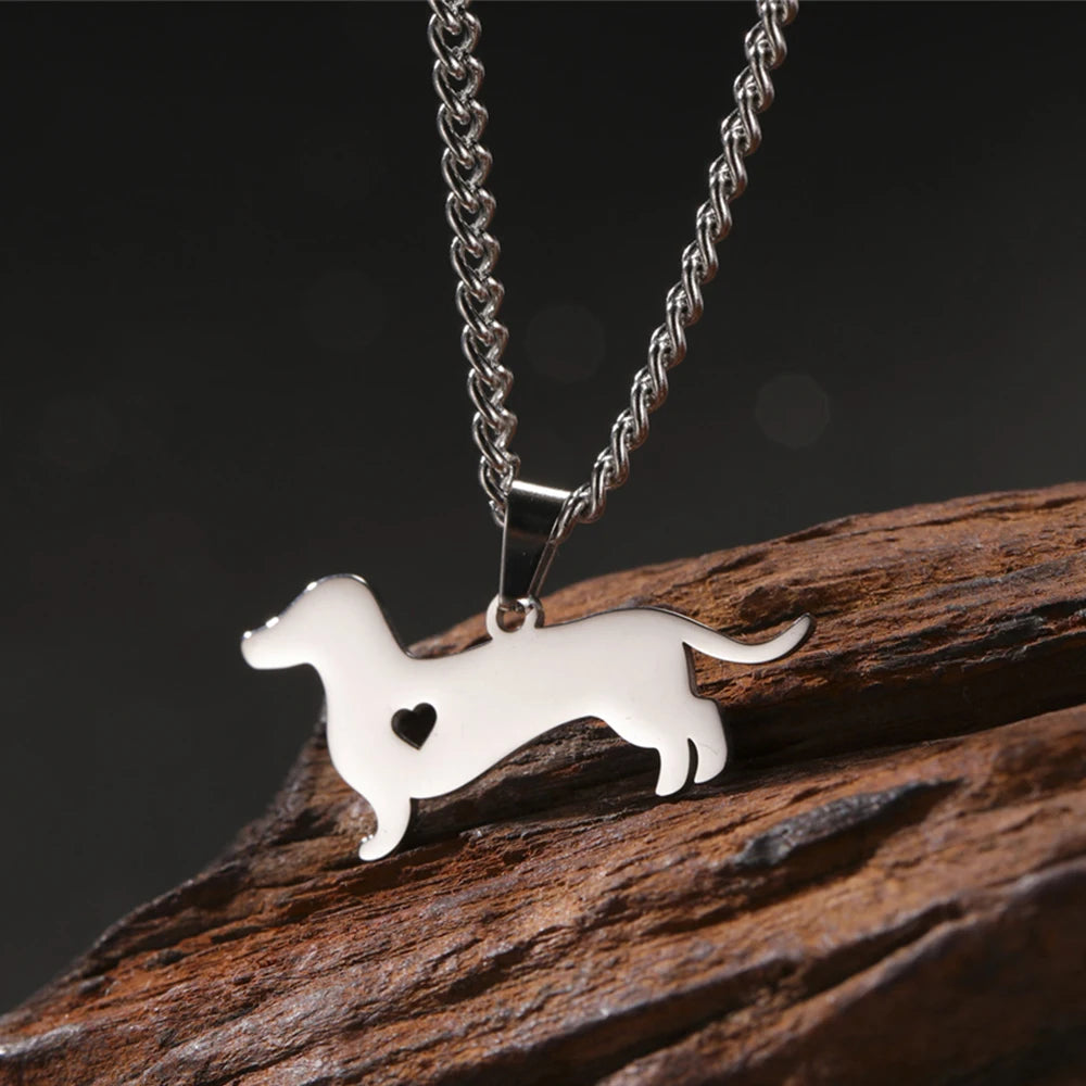 Stainless Steel Pendant Necklace Dachshund Dog Cutout Heart - 4 Options