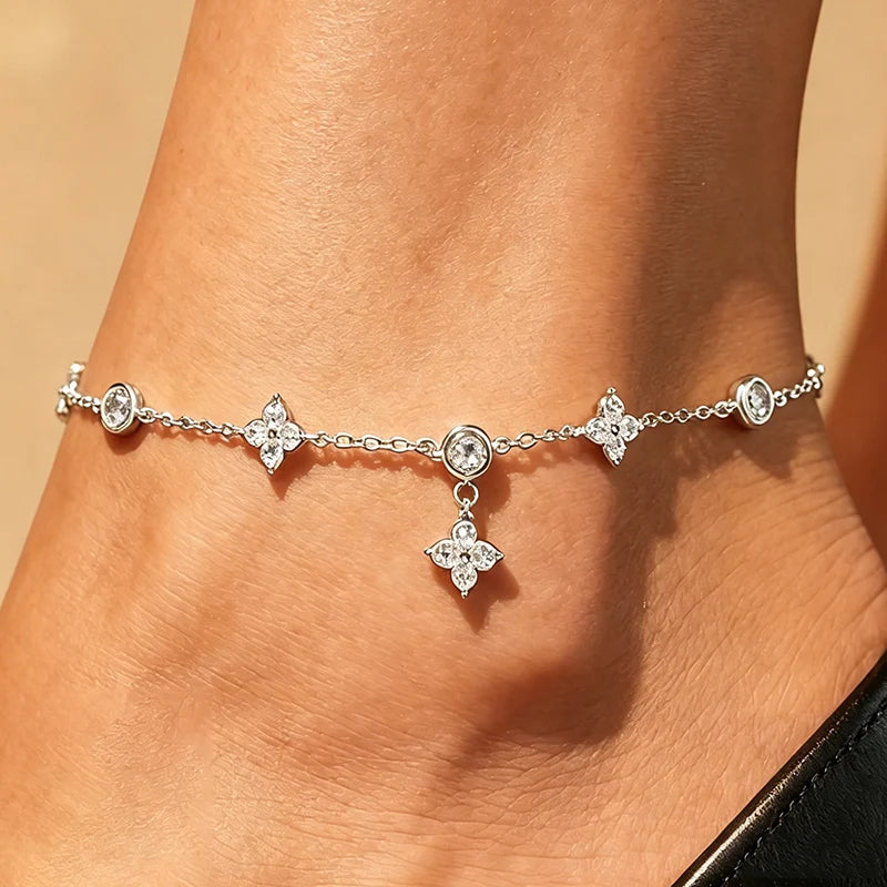 Gold Plated Silver 925 Sterling Silver Zircon Clover Ankle Bracelet