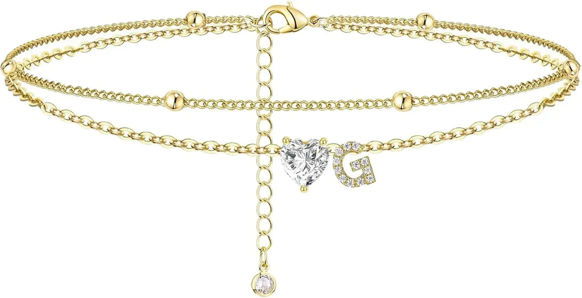 Initial 14K Gold-Plated Stainless-Steel Cubic Zirconia Heart Anklet