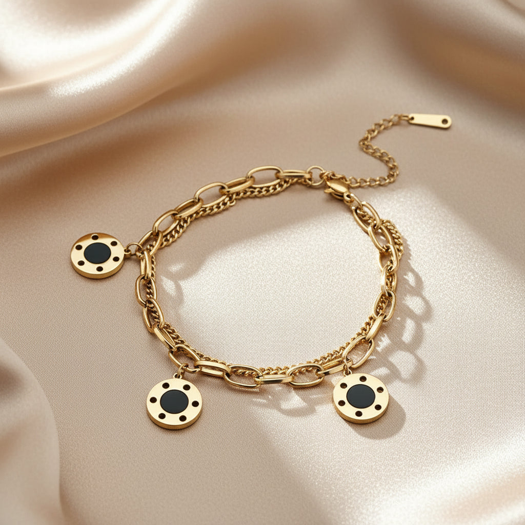 Trendy Chain Link Black Charms Bracelet in Gold Plated Stainless Steel