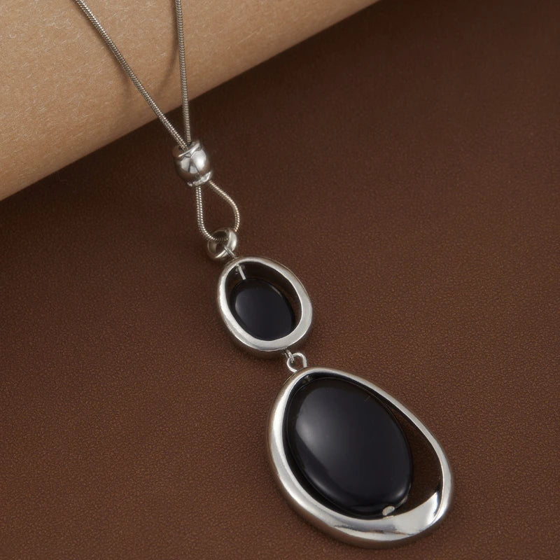 Long Black Onyx Pendant Necklace with Snake Chain