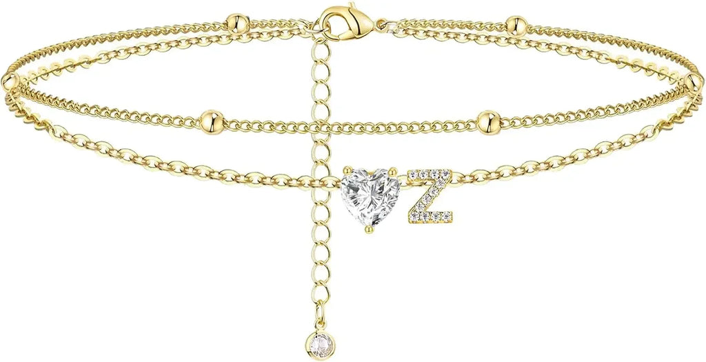 Initial 14K Gold-Plated Stainless-Steel Cubic Zirconia Heart Anklet