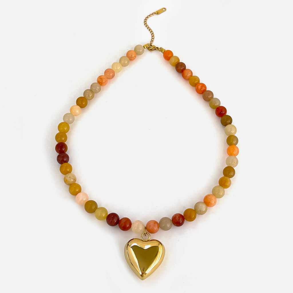 18K Gold-Plated Steel Necklace – Boho Brown & Orange Natural Stone