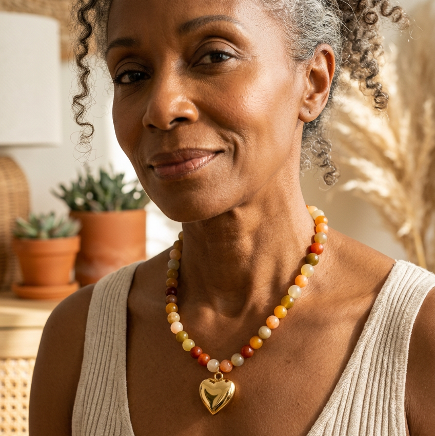 18K Gold-Plated Steel Necklace – Boho Brown & Orange Natural Stone