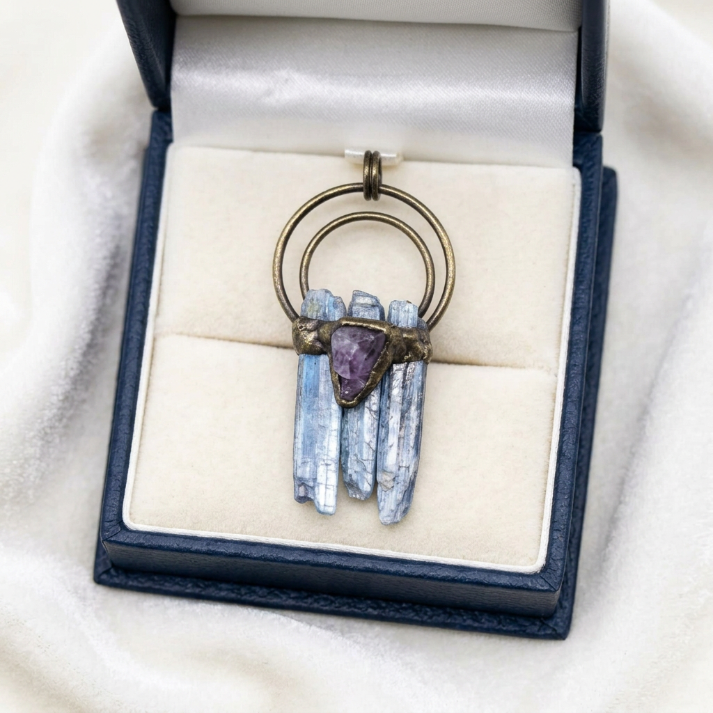 Natural Blue Kyanite Crystal Pendant – Raw Stone in Copper Setting – OhLumi