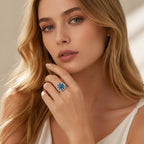 Round Ornament Ring in 925 Sterling Silver with Clear Zircons & Turquoise