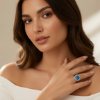 Round Ornament Ring in 925 Sterling Silver with Clear Zircons & Turquoise
