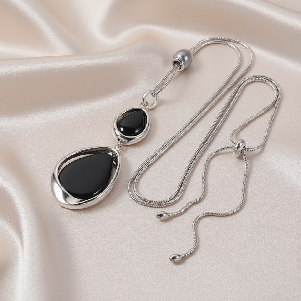 Long Black Onyx Pendant Necklace with Snake Chain
