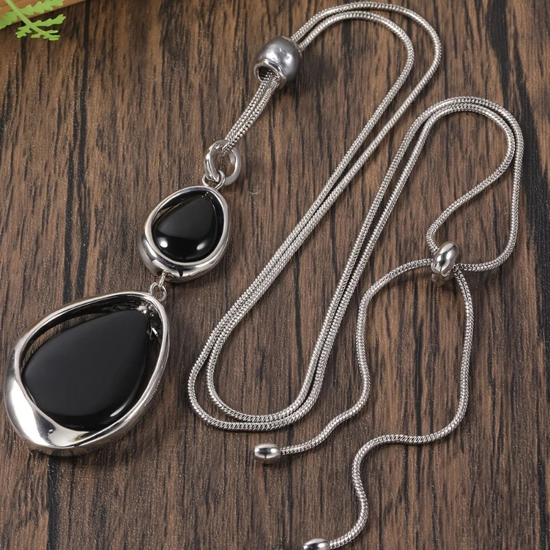 Long Black Onyx Pendant Necklace with Snake Chain