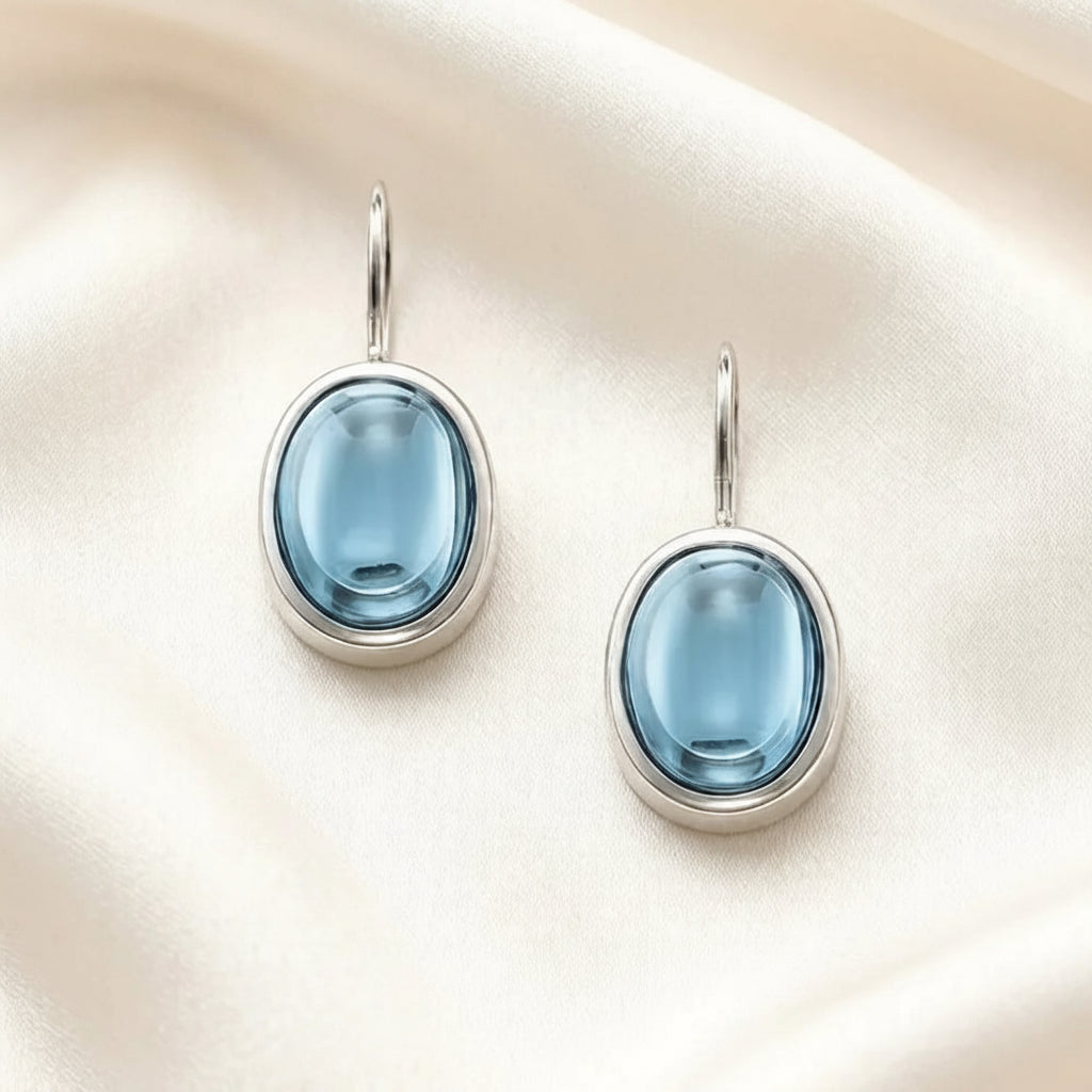 Petite Oval Drop Earrings in 925 Sterling Silver with Colorful Stone