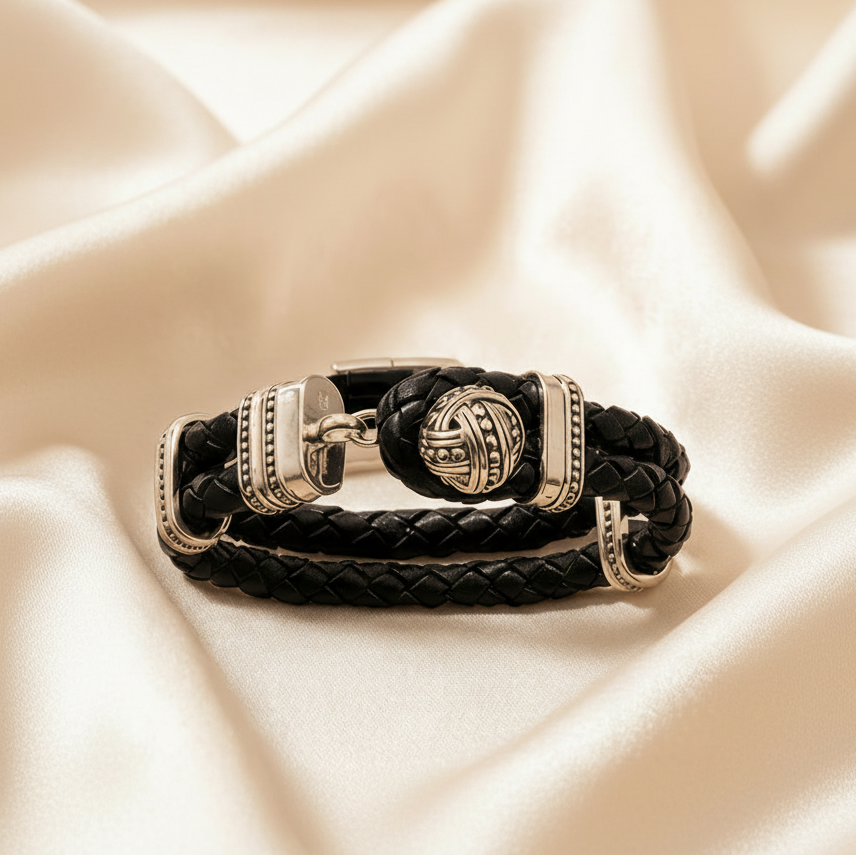 Unisex Rhodium Plated Stainless Steel Leather Rebel Punk Bracelet