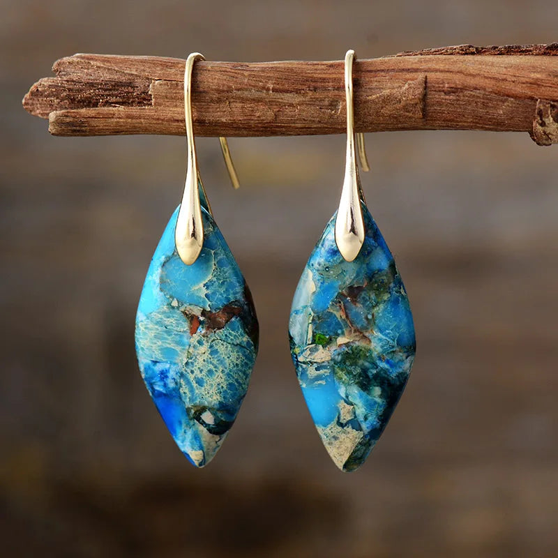 Bohemia Gold Plated Multicolored Natural Stone Leaf Drop Earrings