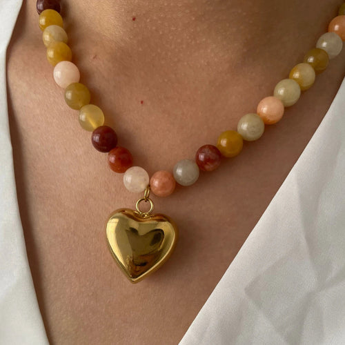 18K Gold-Plated Steel Necklace – Boho Brown & Orange Natural Stone