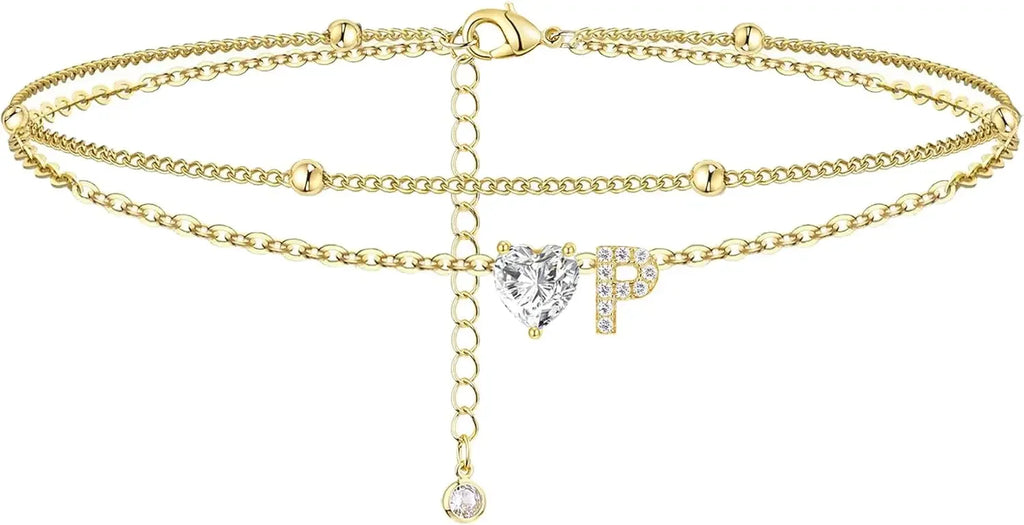 Initial 14K Gold-Plated Stainless-Steel Cubic Zirconia Heart Anklet
