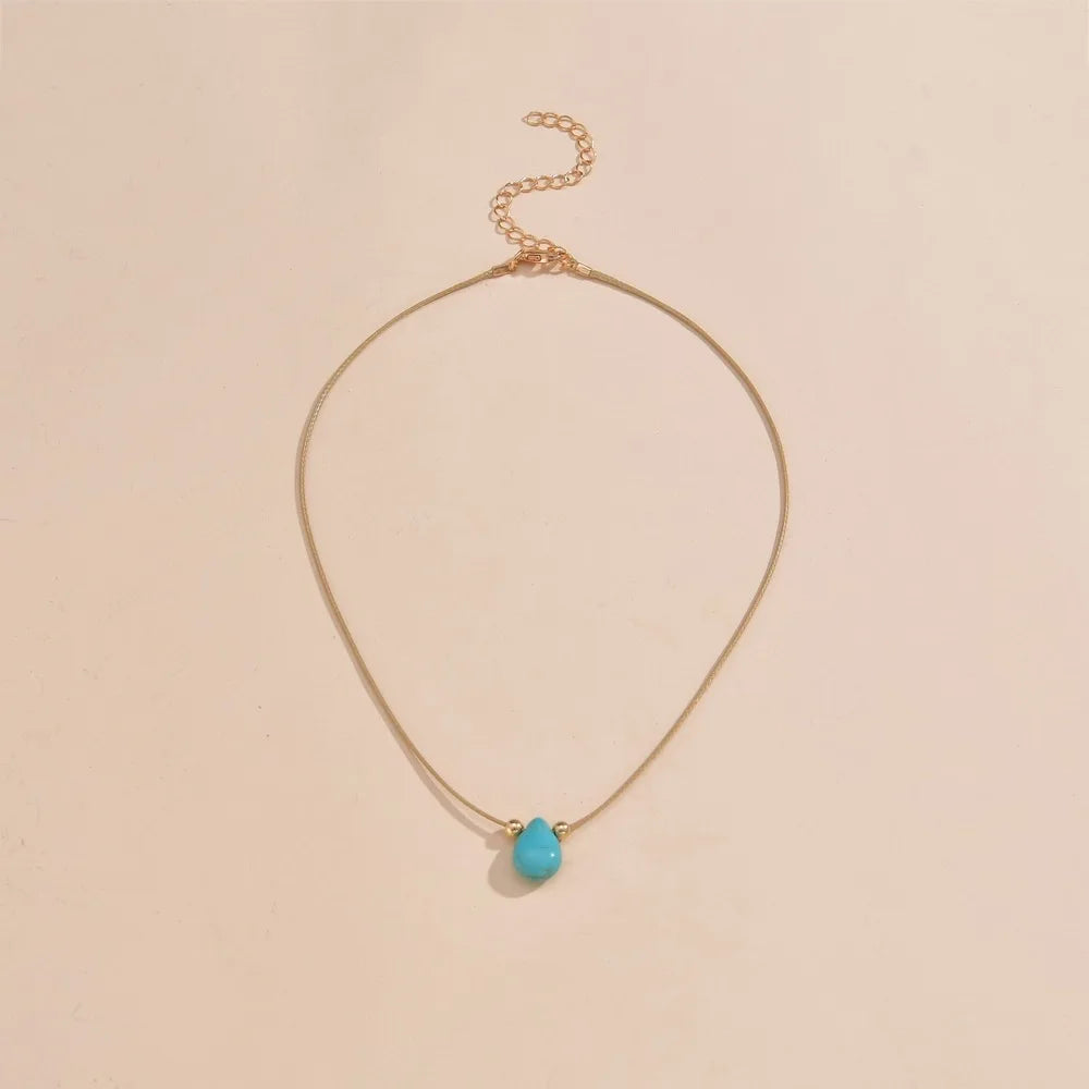 Boho Teardrop Turquoise Pendant Necklace in Stainless Steel