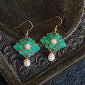 Vintage Gold-Plated Green Cloisonné Floral Drop Earrings with Faux Pearls
