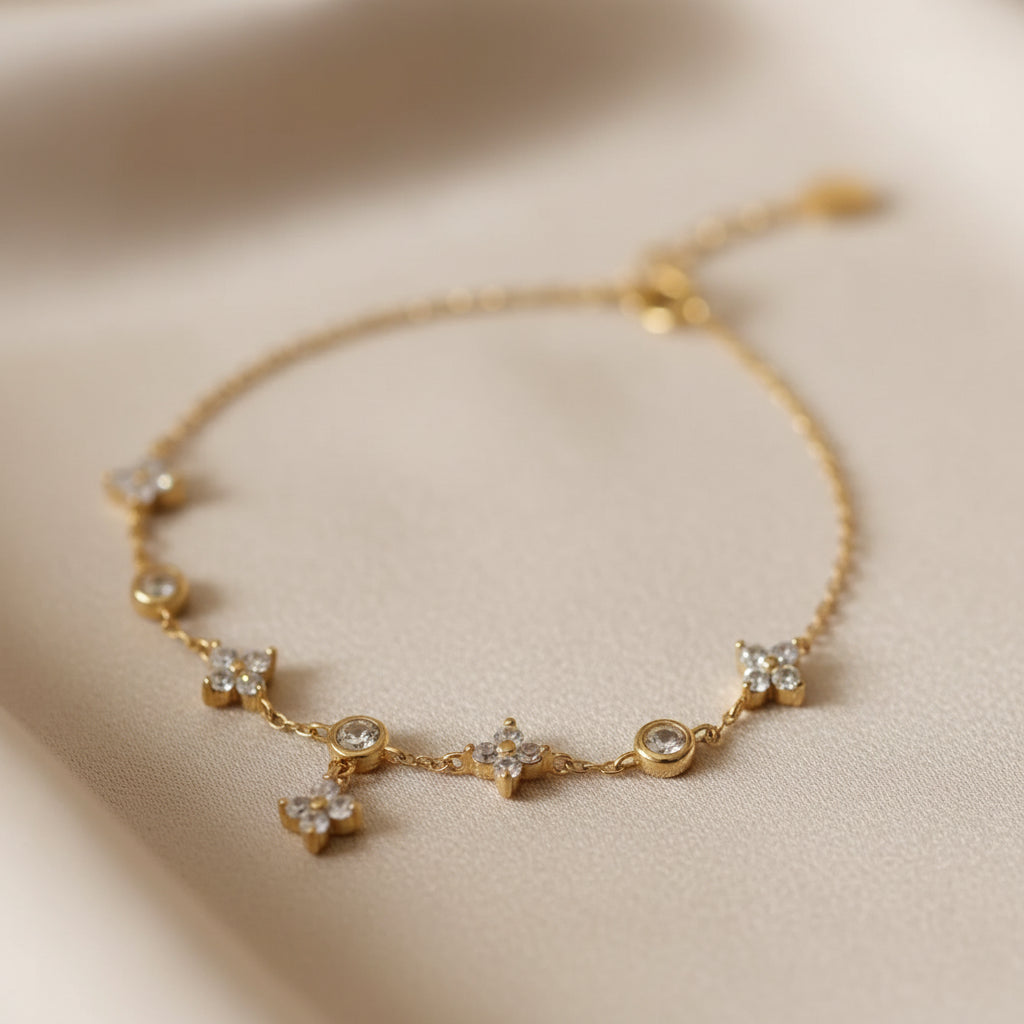 Gold Plated Silver 925 Sterling Silver Zircon Clover Ankle Bracelet
