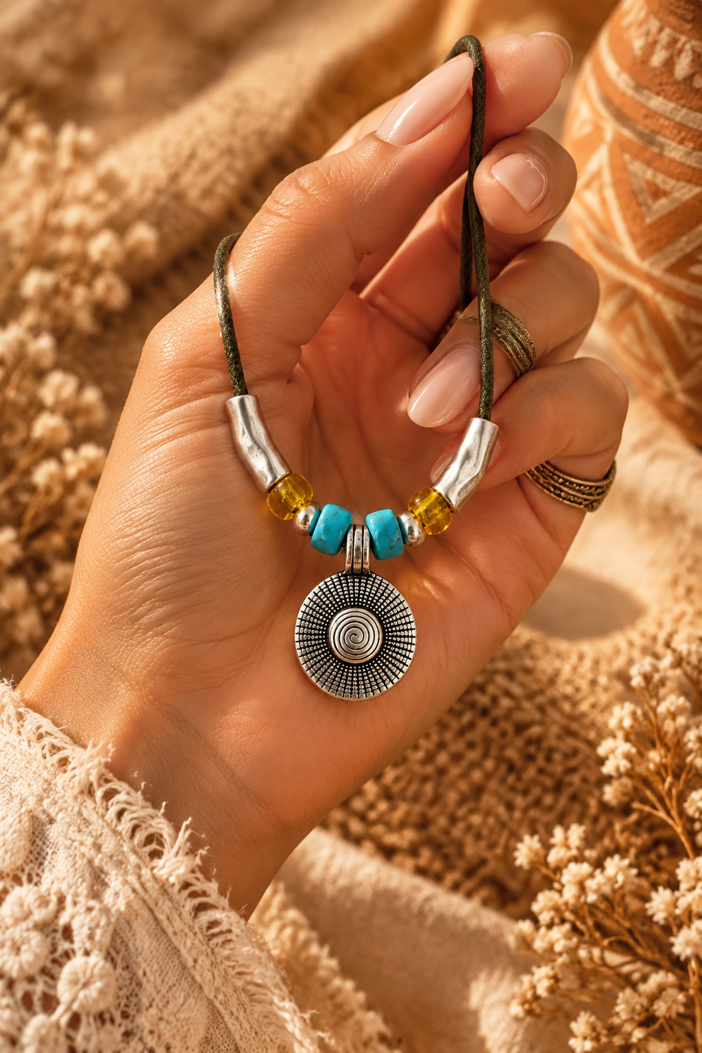 Boho Turquoise Round Pendant Leather Cord Necklace