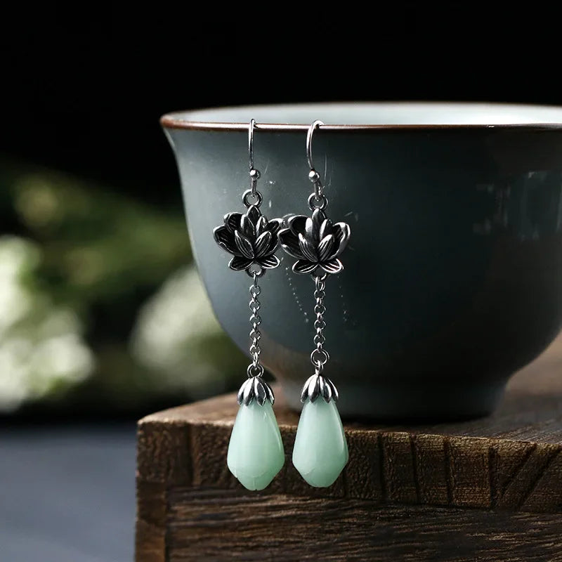 925 Sterling Silver Lotus Flower Jade Drop Earrings