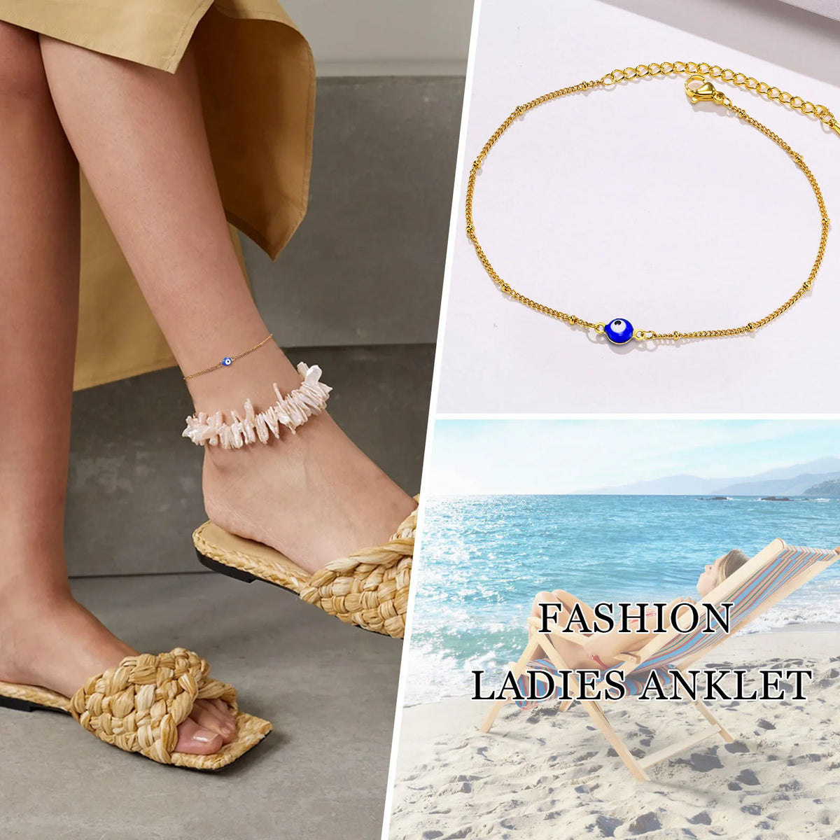 Gold-Plated Stainless-Steel Lucky Blue Evil Eye Anklet - Various Styles!!