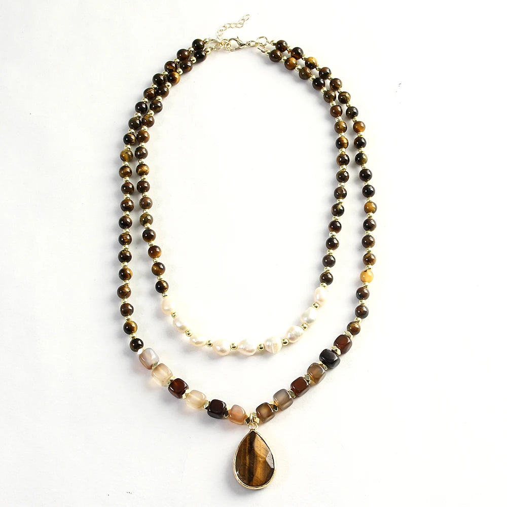 Boho Tiger Eye, Indian Agate & Pearl Layered Necklace