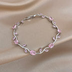 Pink/Purple Zircon Flower Leaf Silver Chain Bracelet in Copper - Elegant, Feminine