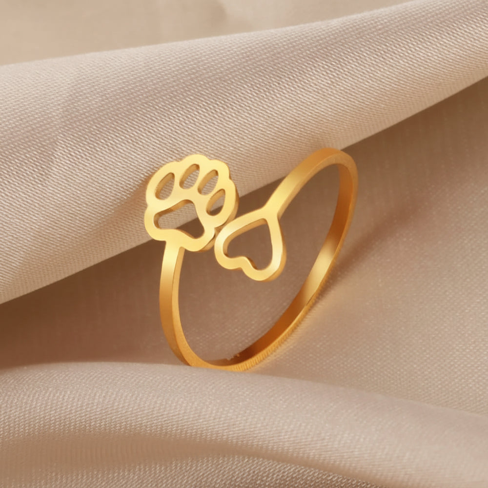 Gold/Silver Tone Stainless Steel Dog Paw Footprint Heart Ring Adjustable