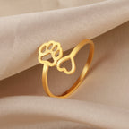 Gold/Silver Tone Stainless Steel Dog Paw Footprint Heart Ring Adjustable