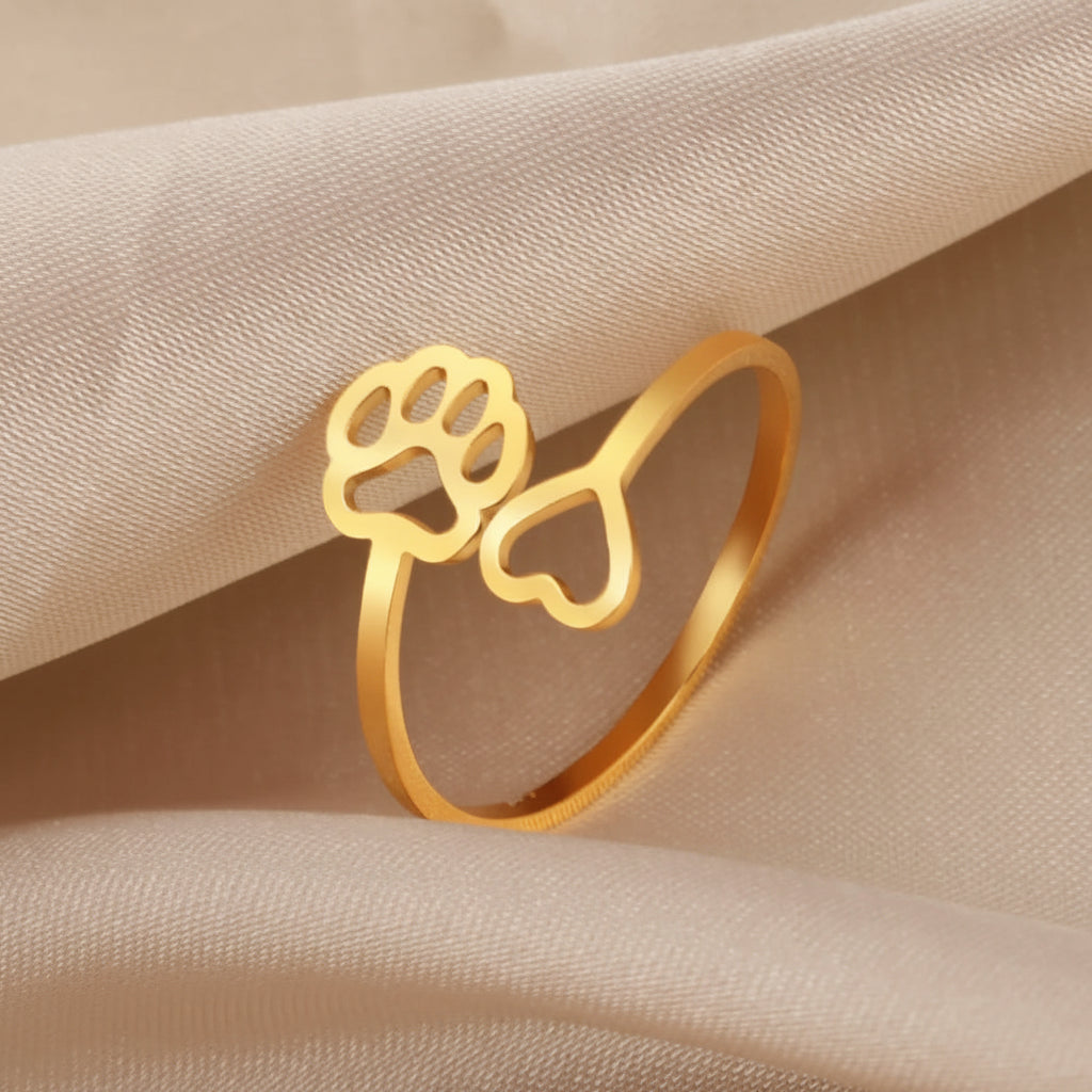 Gold/Silver Tone Stainless Steel Dog Paw Footprint Heart Ring Adjustable