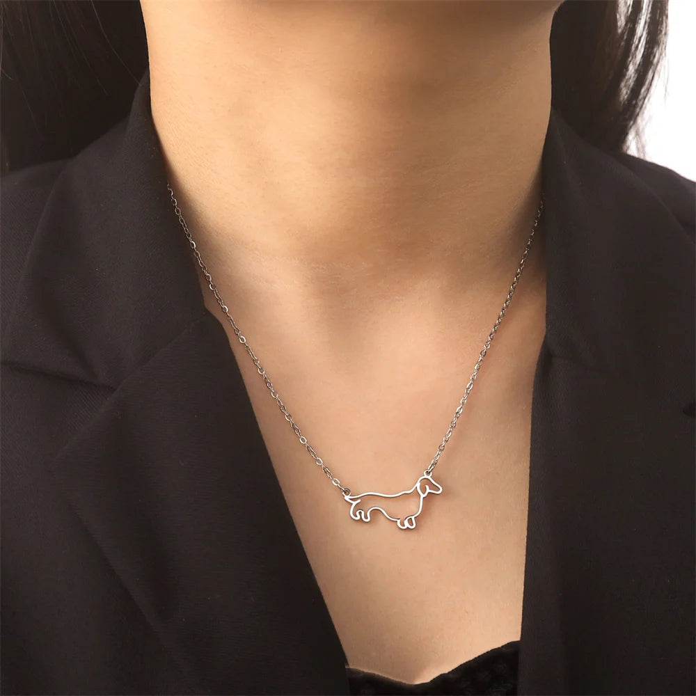 Stainless Steel Pendant Necklace Dachshund Dog Cutout Heart - 4 Options