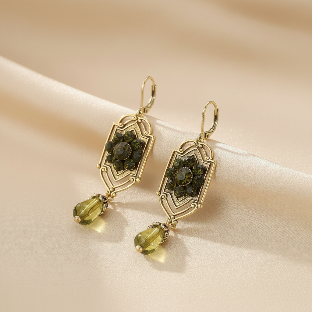 Victorian Edwardian Art Nouveau - KC Gold Plated Copper Green Stone Earrings