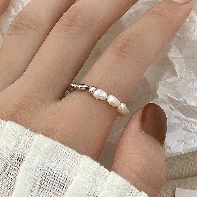 Natural Freshwater Pearl Elastic Rope Ring in Stainless Steel