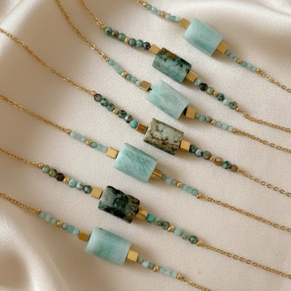 Boho Bracelet with Natural Turquoise & Amazonite Beads & Gold-Plated Copper Chain