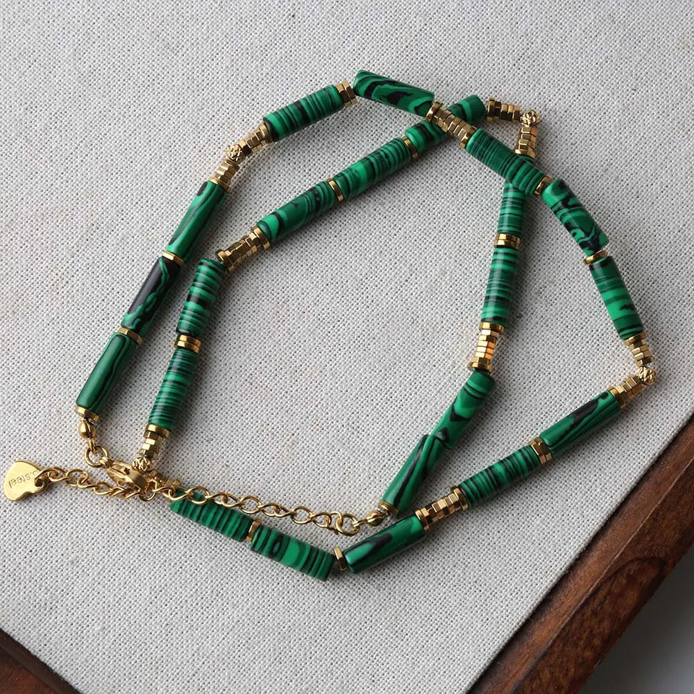 African Turquoise, Tiger Eye & Malachite Gemstone Necklace