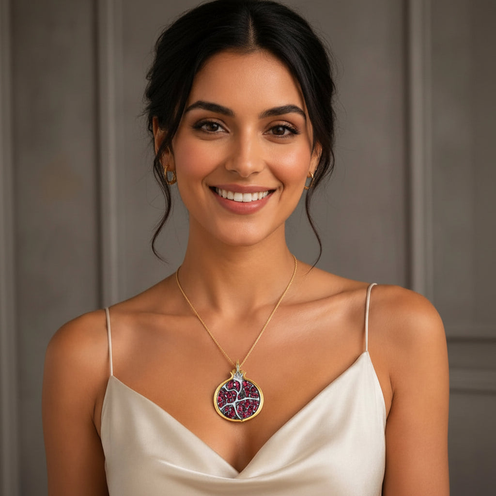 Large Pomegranate Pendant with Zircons in 925 Sterling Silver